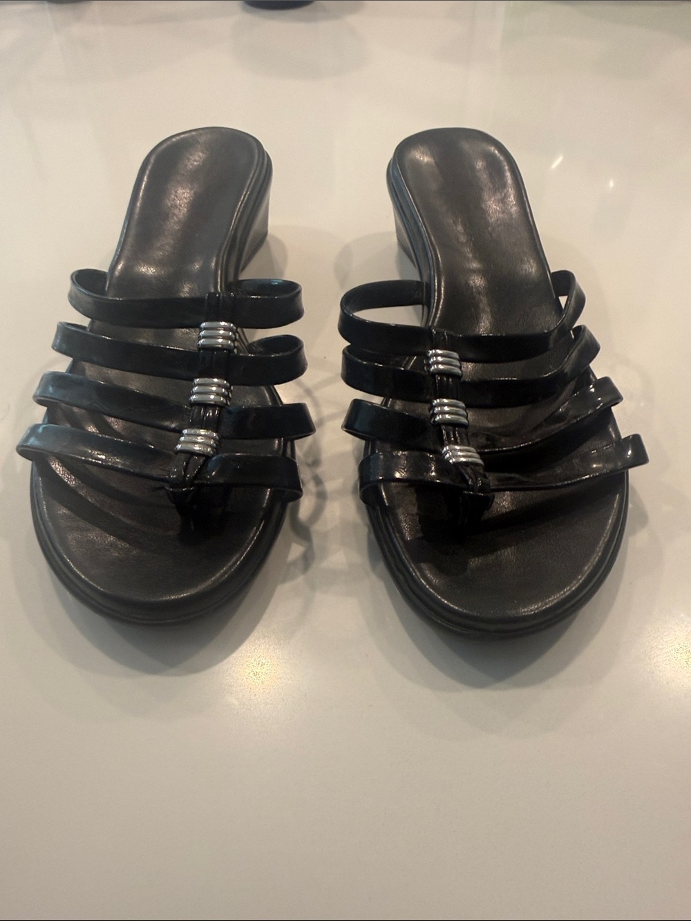 Black Women's Strappy Slide Sandals with Silver Accent made in Italy